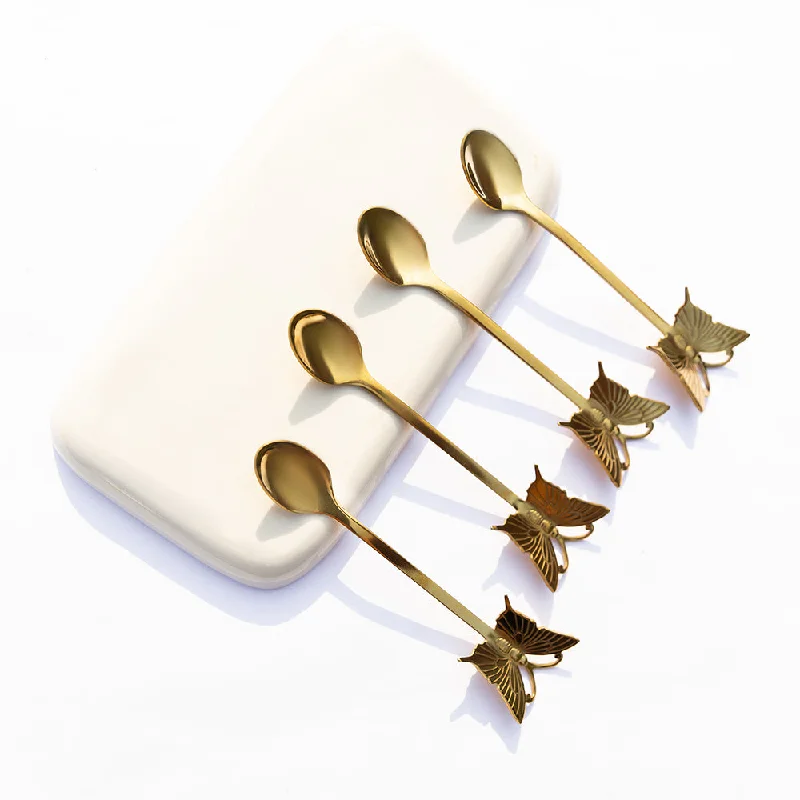 Structured ceramic trays for gifting-Butterfly Gold Tea Spoon - Set of 4