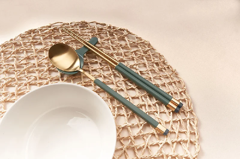 Vintage-inspired porcelain plates-[Bogen] Kara Gold Korean Spoon & Chopstick Set