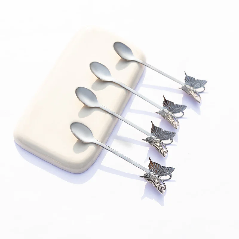 Designer glass trays with handles-Butterfly Silver Tea Spoon - Set of 4