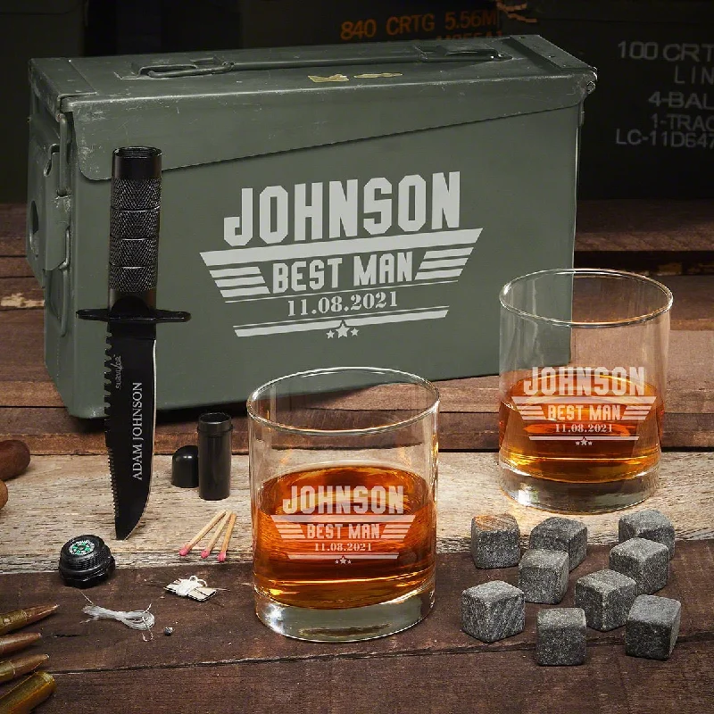 Waterproof tumblers for beach trips-Personalized Ammo Can & Whiskey Groomsmen Gift Set - 5pc