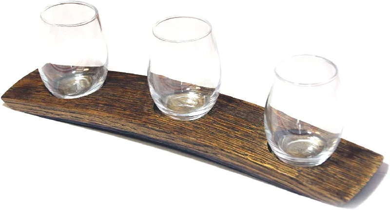 Trendy holographic mugs for women-Barrel-Art Barrel Stave 3 Glass Wine Flight Serving Tray Glasses Included, Dark Walnut