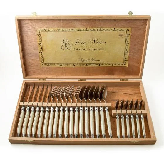 Compact cutlery sets for camping-[Laguiole Jean Neron] 24-Piece Flatware in Wooden Box, IVORY