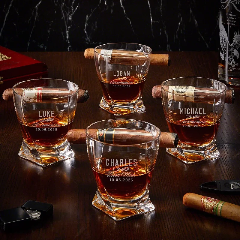 Affordable glass cups for parties-Engraved Twist Cigar Glasses - Set of 4 Whiskey Glasses