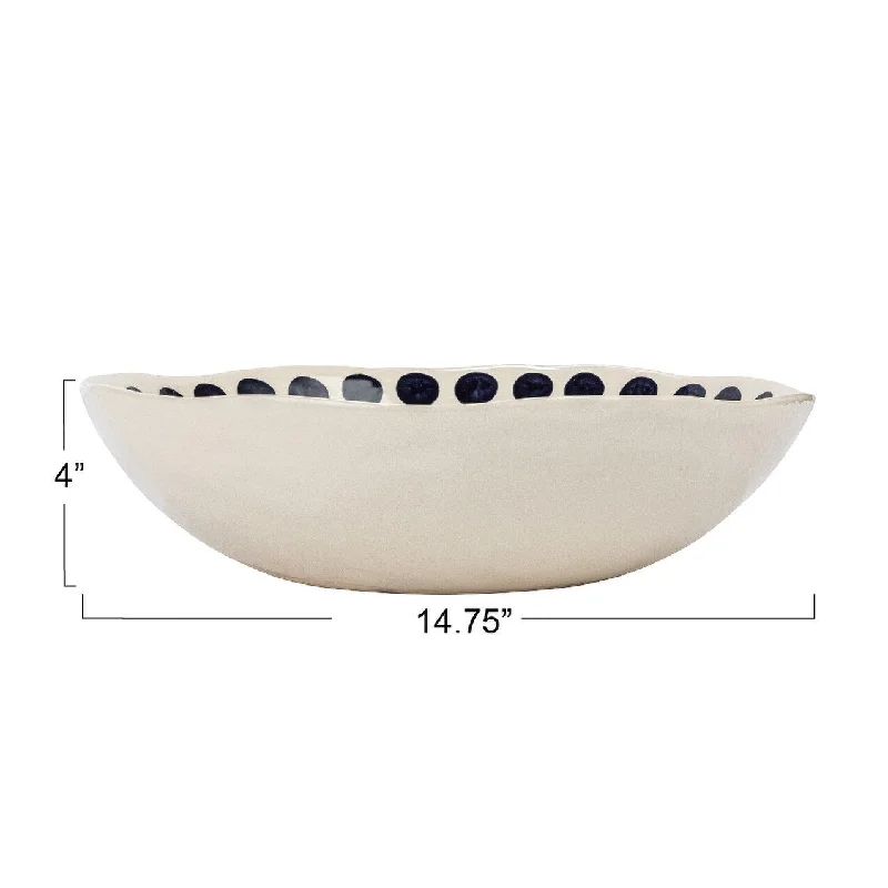 Classic white ceramic plates-Hand-Painted Stoneware Serving Bowl with Design - 14.8"L x 14.8"W x 4.0"H - 14.8"L x 14.8"W x 4.0"H