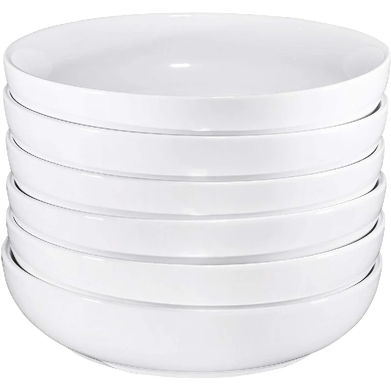 Elegant porcelain bowls with rims-Bruntmor Ceramic Salad, Cereal And Pasta Bowls Set Of 6, Shallow Dinner Bowls That Are Oven, Microwave Oven And Dishwasher Safe