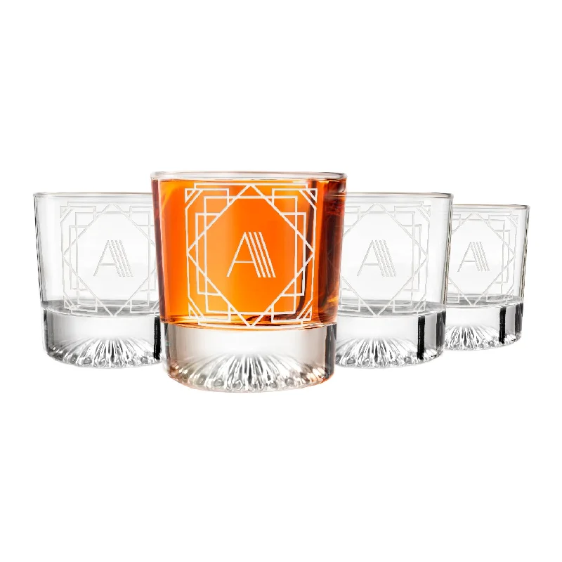 High-end crystal tumblers for cocktails-Letter A Monogram Art Deco Etched Whiskey Glasses - Set of 4