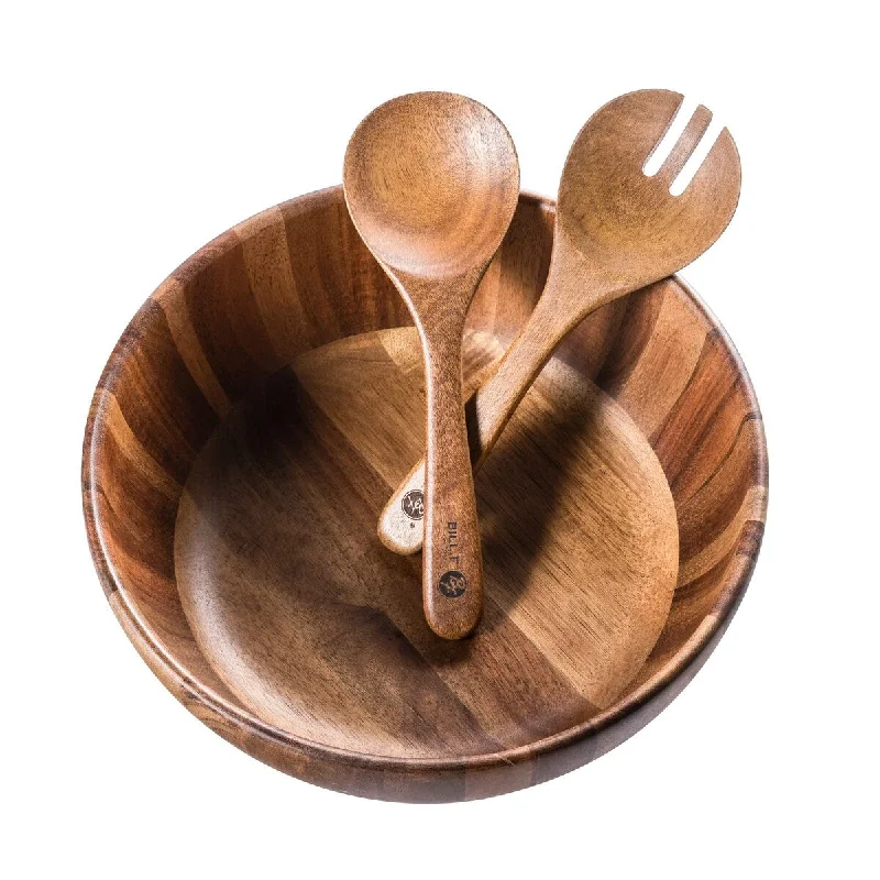 Compact cutlery sets for camping-BILL.F Wooden Salad Bowl, 12'' Acacia Wood Salad Bowls Set Large Salad Mixing Bowl with Servers-3-Piece Big Salad Bowl Set