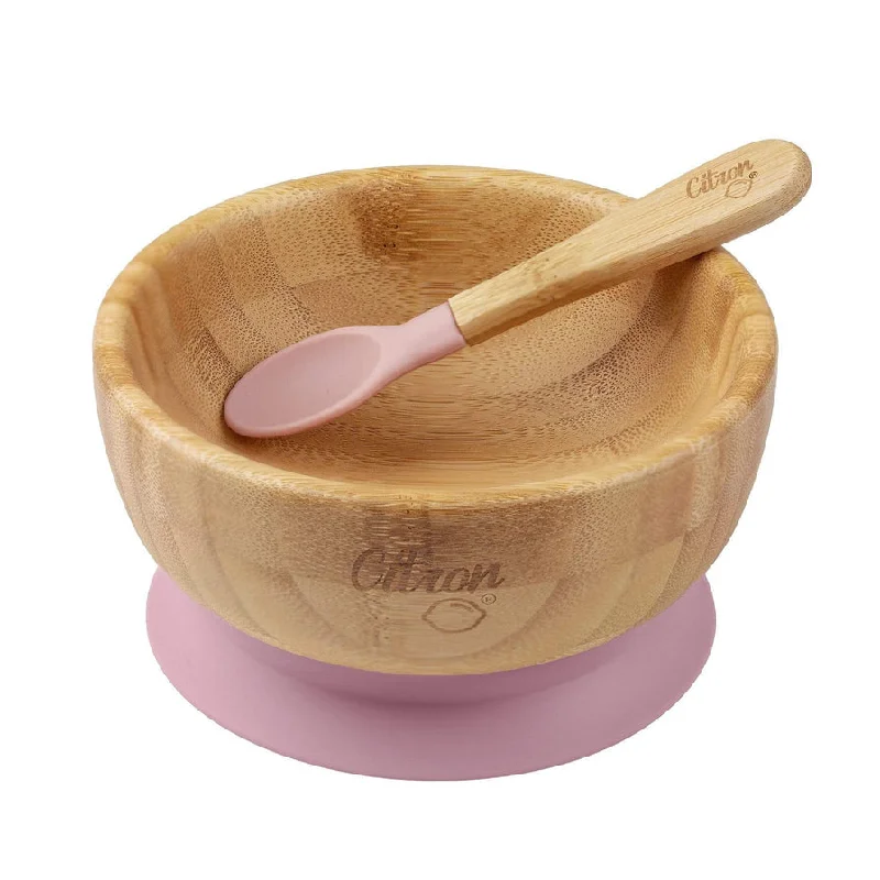 Designer porcelain trays with handles-Citron Bamboo Suction Bowl with Spoon - Blush Pink