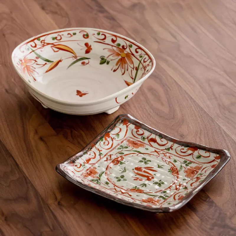 Designer appetizer trays with sections-Minoware Akae Red Blossom Butterfly Dish Collection