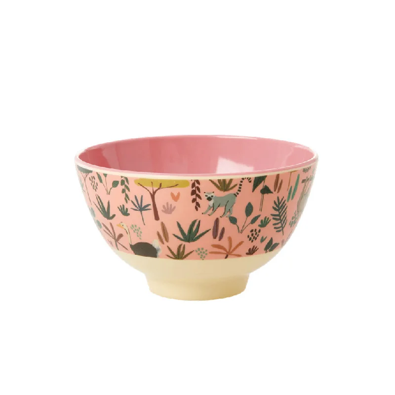 Etched glass dishes for weddings-Rice DK Melamine Bowl with Coral All Over Jungle Animals Print - Two Tone - Small