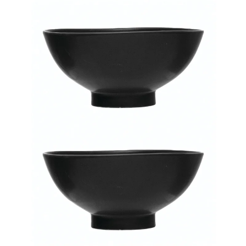 Trendy pastel dinner plates-Round Stoneware Footed Bowl, Matte Black , Set of 2