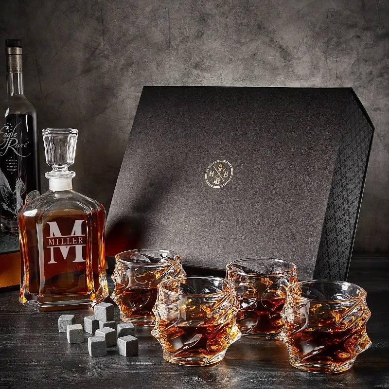 Stylish matte black tumblers-Personalized Luxury Boxed Decanter Set With Sculpted Glass - 4pc