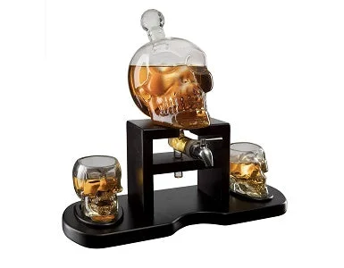 Durable plastic cups for kids-The Wine Savant Skull Whiskey Decanter Set With 2 Skull Glasses and mahogany Wooden Base