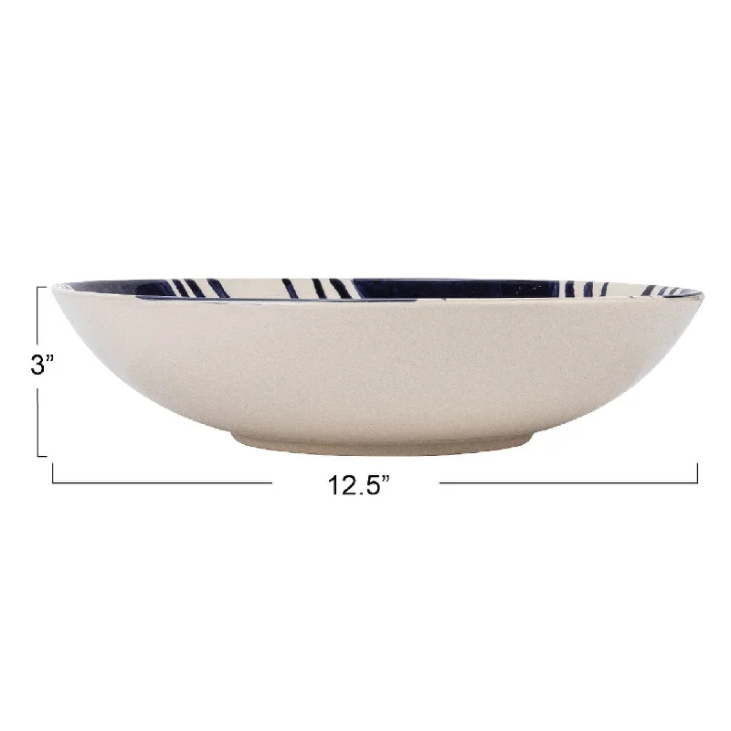 Chic stainless steel forks for dining-Hand-Painted Stoneware Serving Bowl with Design - 12.5"L x 12.5"W x 3.0"H - 12.5"L x 12.5"W x 3.0"H