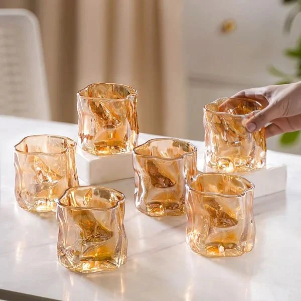 Compact glass mugs for espresso-Amber Color Wave Water Glass