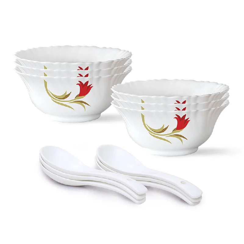 Boho-style ceramic bowls-Larah by Borosil Red Lily Soup Bowl Set