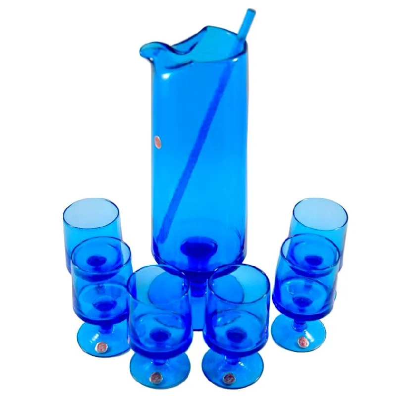 Chic matte trays for modern kitchens-Italian Blue Pedestal Pitcher Set