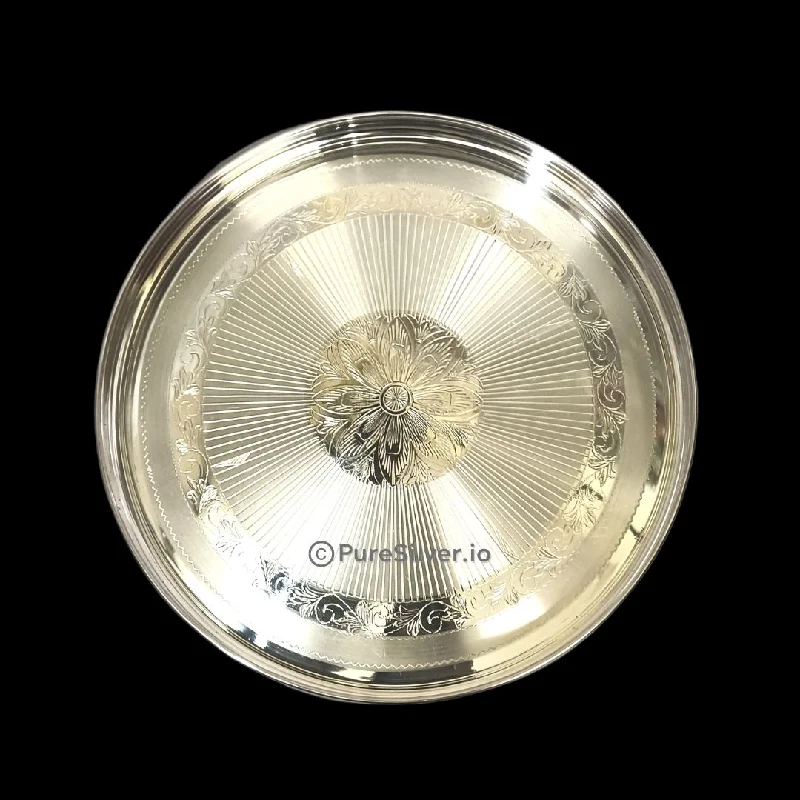 Designer appetizer trays with sections-925 Sterling Silver Bangalore Thali Plate - 700 grams