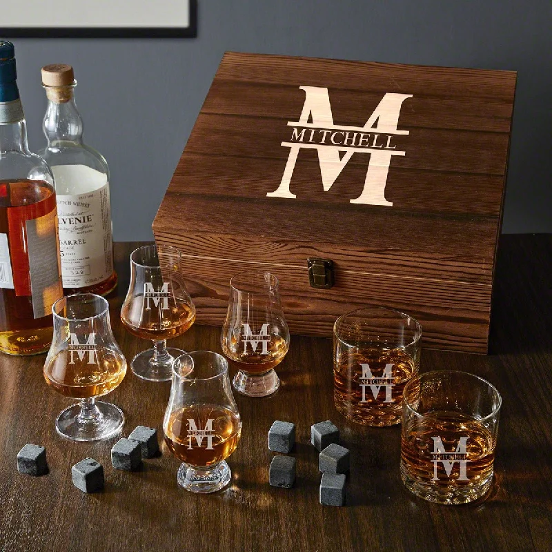 Etched glass tumblers for weddings-Ultimate Personalized Whiskey Tasting Set - 8pc Gift Boxed Set with Glencairn, Rocks & Nosing Glasses