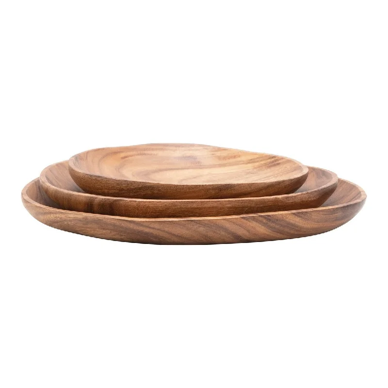 Compact stainless steel trays-Hand-Carved Acacia Wood Bowls, Set of 3