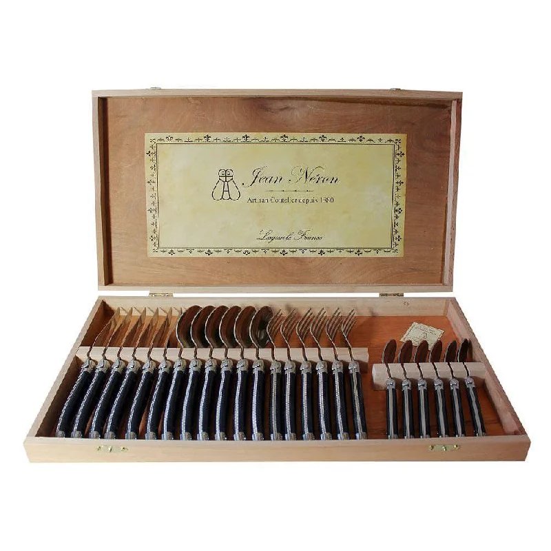 Elegant porcelain bowls with rims-[Laguiole Jean Neron] 24-Piece Flatware in Wooden Box, BLACK