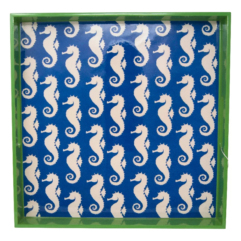 Stylish silicone plates for camping-Seahorse Blue White & Green Lacquer Tray