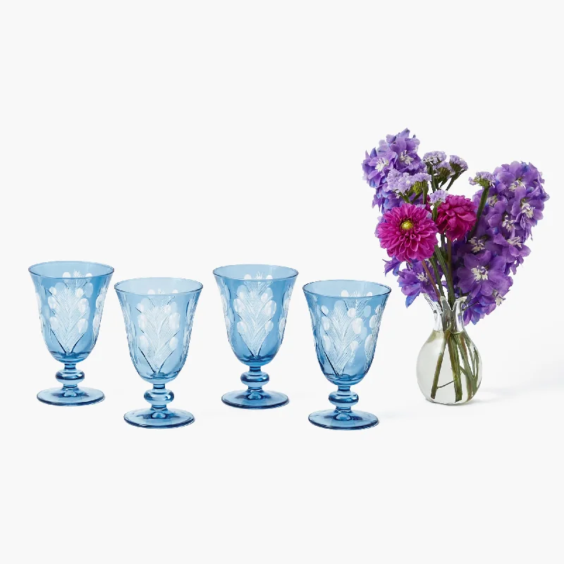 Boho-style ceramic cups for tea-Blue Fern Engraved Wine Glasses (Set of 4)