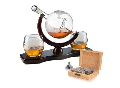 Compact stainless steel cups-Etched World Decanter whiskey Globe - The Wine Savant Whiskey Gift Set Globe Decanter with Antique Airplane, Whiskey Stones and 3 World Map Glasses