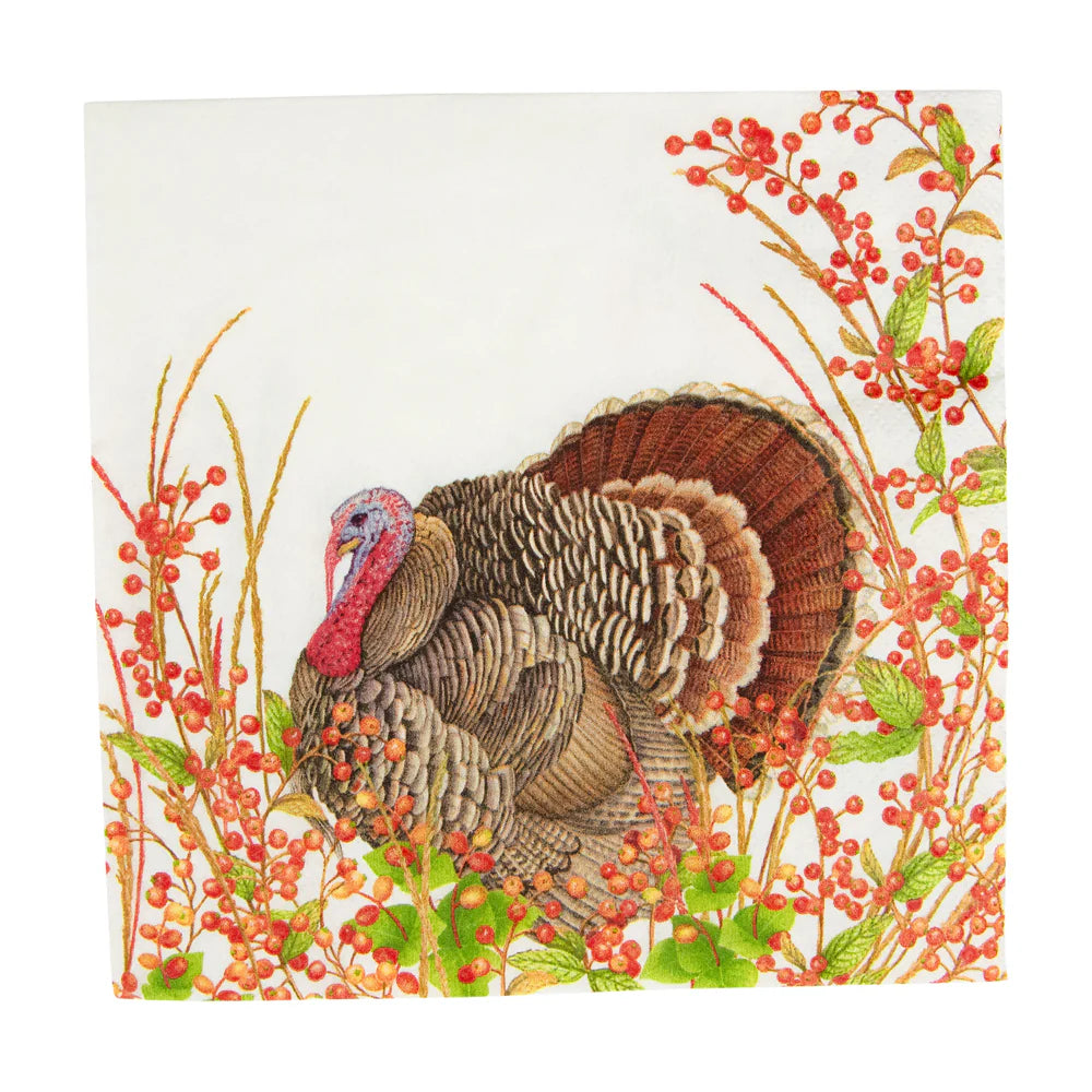 Trendy metallic dinner bowls-Caspari Luncheon Napkins: Turkey And Berries