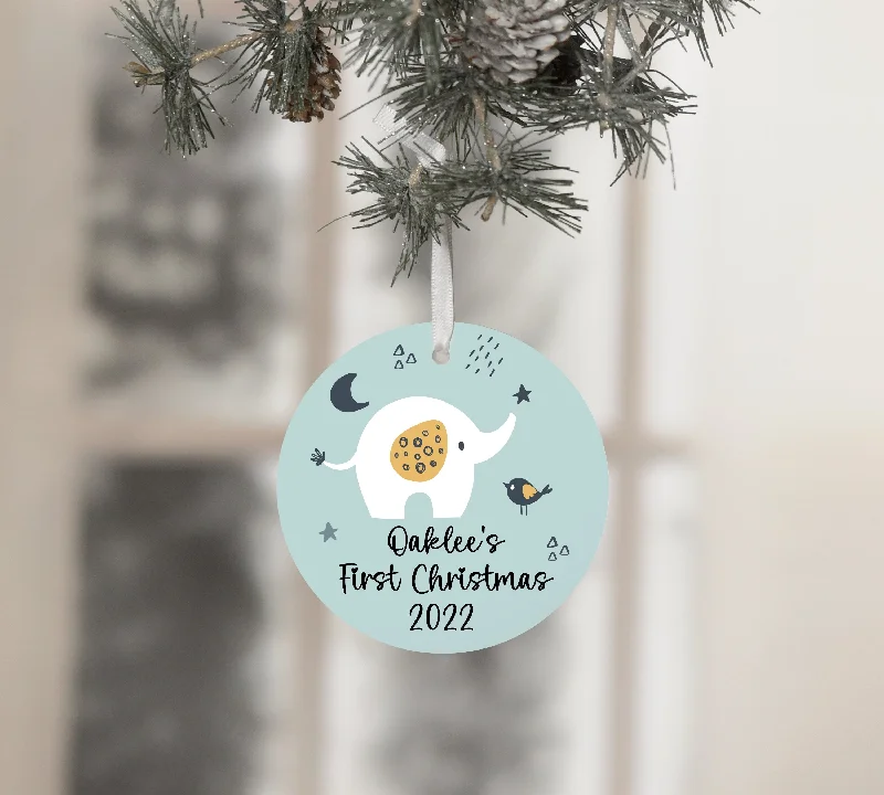 Trendy metallic coffee mugs-Baby's First Christmas Round Ceramic Ornament {Personalized Elephant}