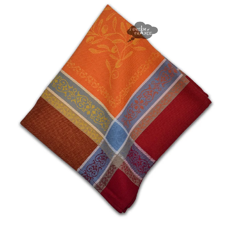 Chic stainless steel serving bowls-Olivia Red & Orange French Cotton Jacquard Napkin by Tissus Toselli