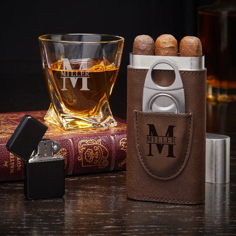 Small porcelain mugs for tea-Engraved Whiskey and Cigar Gift Set with Twist Glass