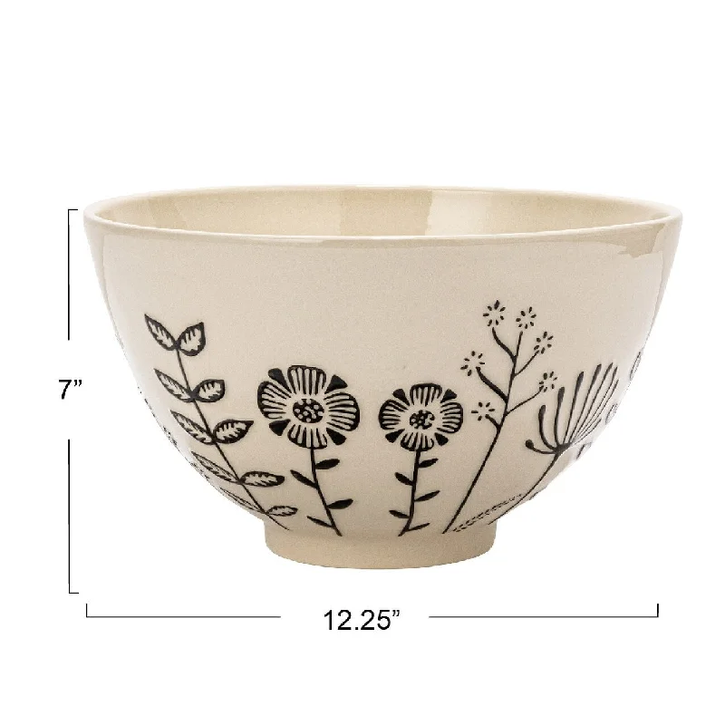 Chic matte trays for modern kitchens-Hand-Painted Stoneware Serving Bowl with Embossed Flowers - 12.3"L x 12.3"W x 7.0"H - Cream - 12.3"L x 12.3"W x 7.0"H