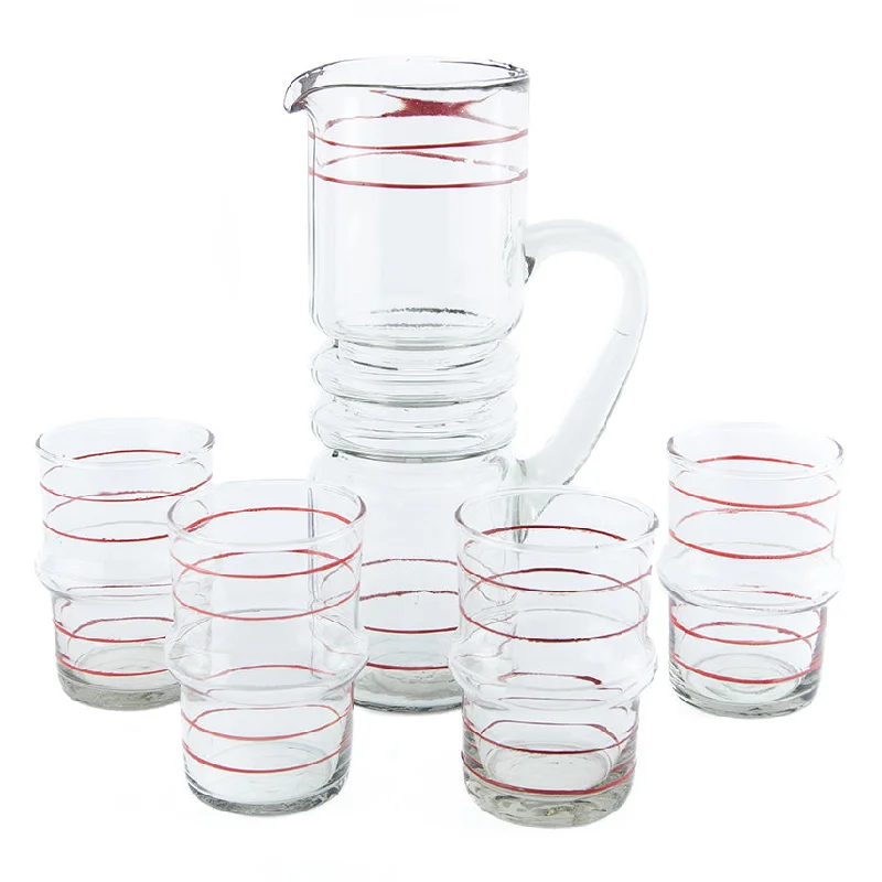 Compact glass bowls for snacks-Red & White Pinstripe Pitcher Set