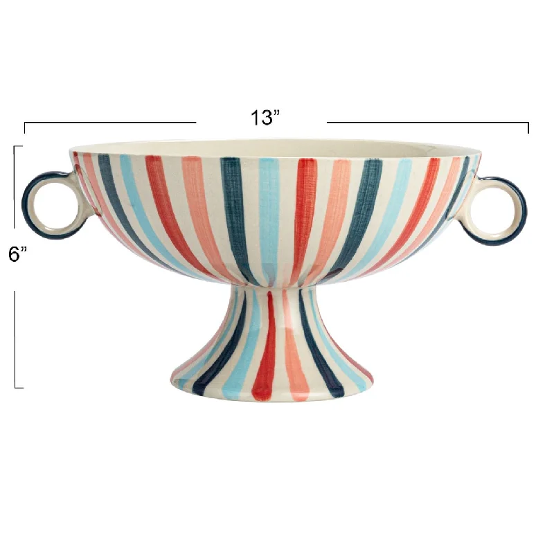 Luxury glass dinnerware for parties-Hand-Painted Stoneware Footed Bowl with Handles and Stripes - 13.0"L x 9.8"W x 6.0"H - 13.0"L x 9.8"W x 6.0"H