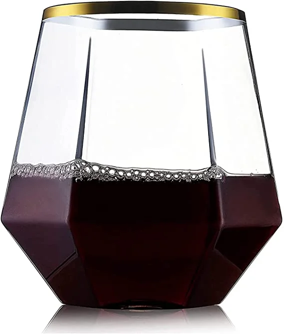 High-quality porcelain tumblers-32 Pack Diamond Stemless Plastic Wine Glasses, 12 oz Unique Diamond Shape, Clear Gold Rim Glasses for Wine, Whiskey, Cocktails, Juice, Trendy & Modern Stemware, Food-Grade Disposable Drinkware