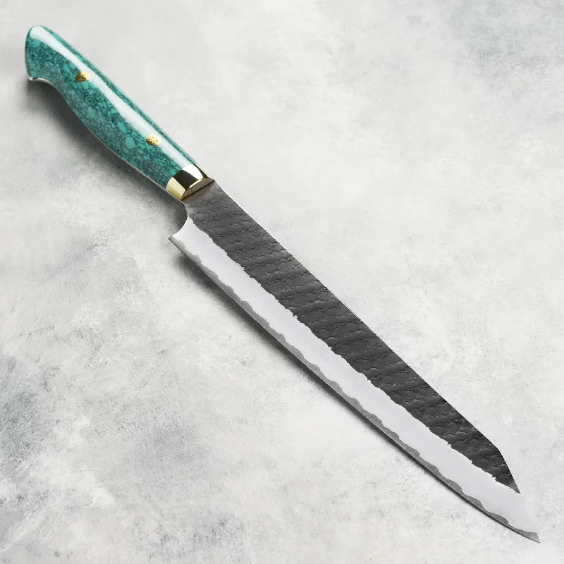 Luxury glass dinnerware for parties-Nigara SG2 Kurouchi Tsuchime 10" Kiritsuke Sujihiki, Green Turquoise