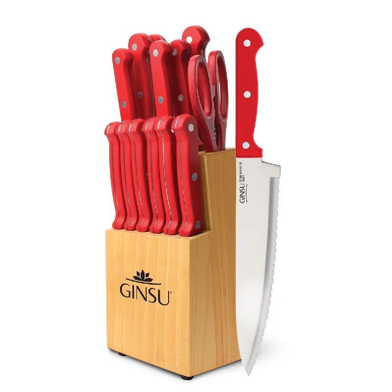 Compact cutlery sets for camping-Ginsu Kiso Dishwasher Safe Red 14 Piece Set Natural Block