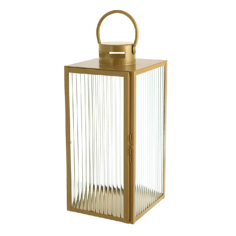 Affordable ceramic plates for home-Lantern Rectangle Steel Gold with Ribbed Glass 40x19cm