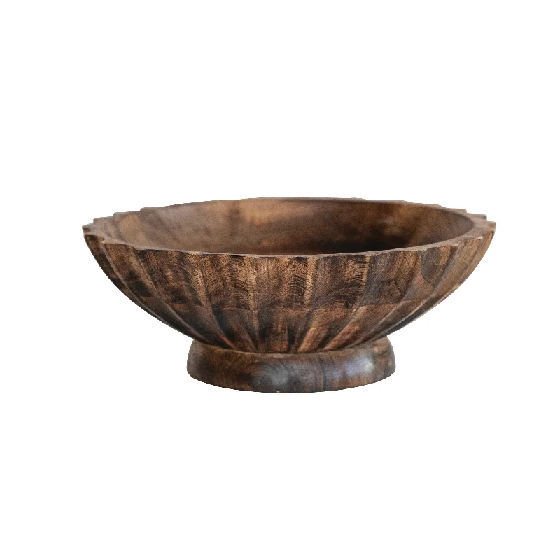 Affordable ceramic plates for home-Hand-Carved Mango Wood Footed Bowl with Scalloped Edge - 9.5"L x 9.5"W x 3.5"H - 9.5"L x 9.5"W x 3.5"H