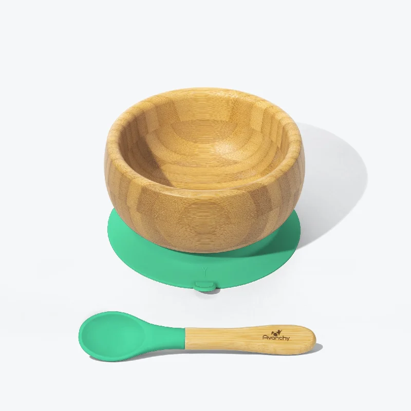 Designer appetizer trays with sections-Avanchy Bamboo Suction Baby Bowl + Spoon - Green