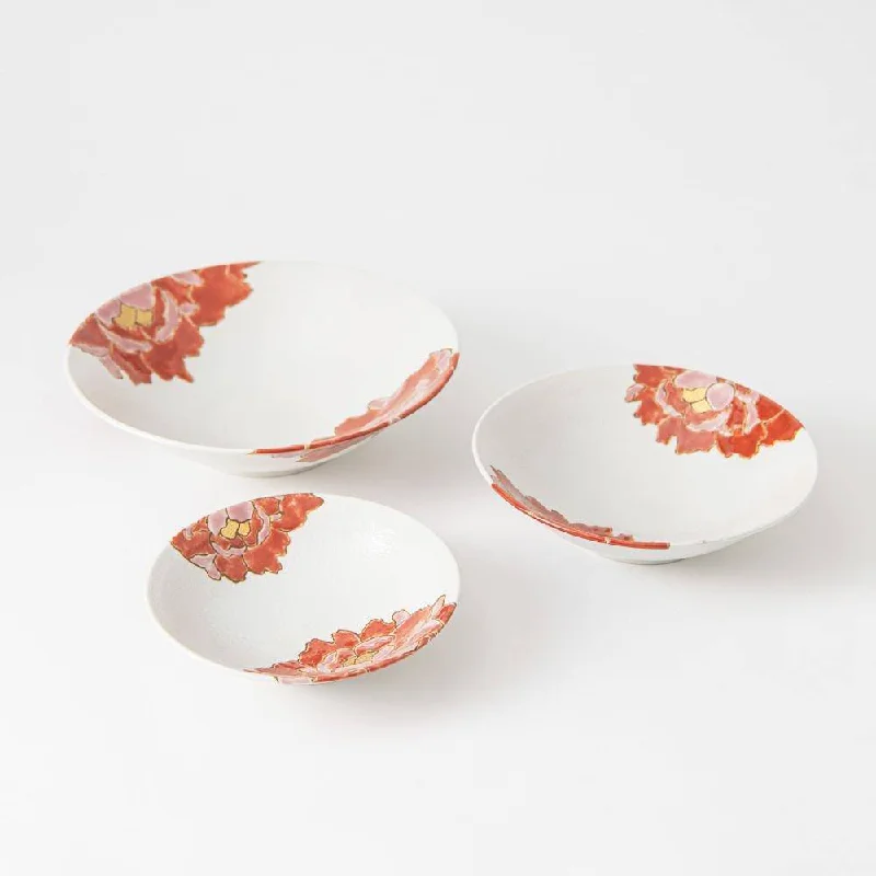 Colorful ceramic plates for kids-Souraku-An Red Peony Bowl Set A