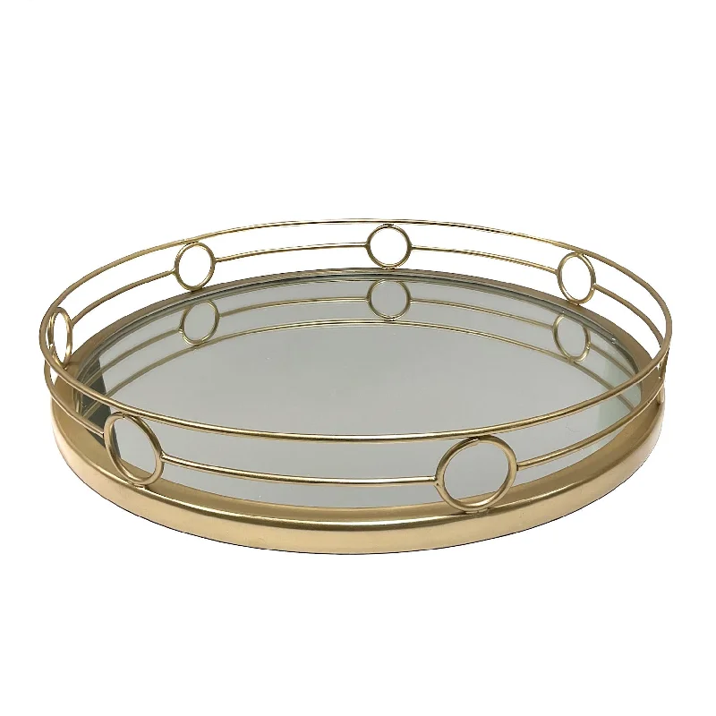 Chic ceramic platters with designs-Tray Round with Gold Circle Side Frame 40x9cm