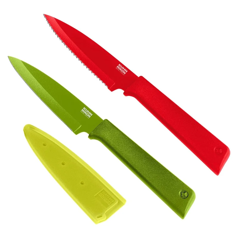 Casual ceramic trays with quotes-Kuhn Rikon COLORI+ Non-Stick Straight and Serrated Paring Knives with Safety Sheaths, Set of 2, Red and Green