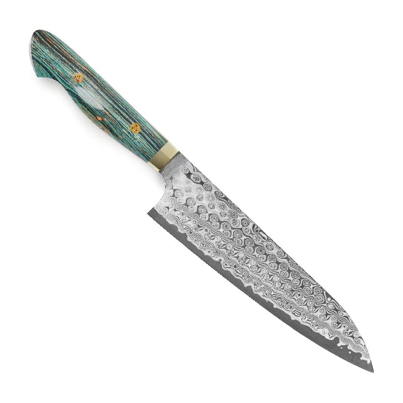 Trendy floral plates for women-Nigara Anmon SG2 Damascus 8.25" Gyuto, Striped Turquoise