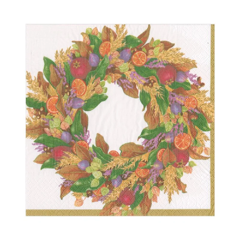 Classic white ceramic plates-Caspari Luncheon Napkins: Autumn Wreath - Ivory