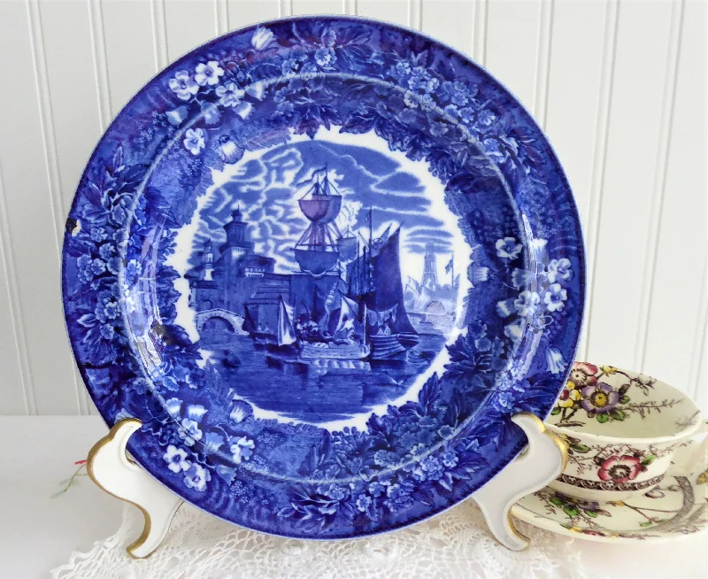 Waterproof cutlery sets for camping-Wedgwood Ferrara Plate Blue Blue Transferware 1900 Ships Floral Border 9 Inch