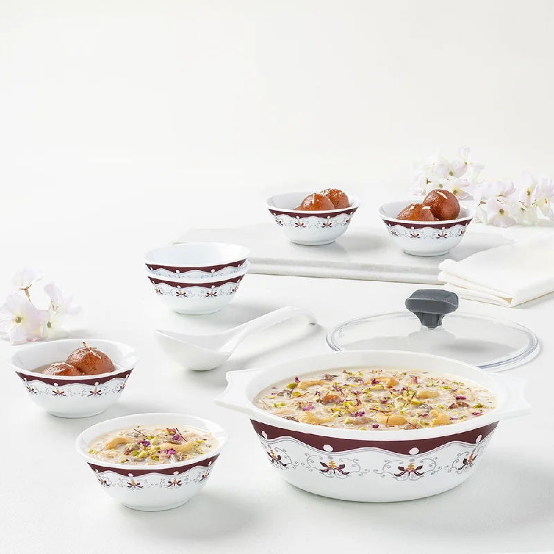 Large glass platters for entertaining-Larah by Borosil, Opalware, Microwave Safe, Royal Brown Dessert Set (9pcs)