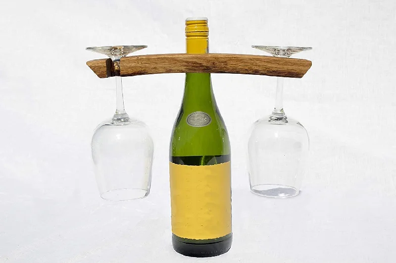 Waterproof stainless steel tumblers-Barrel-Art Barrel Stave Wine Caddy Wine Butler Carries a Bottle and 2 Glasses, Dark Walnut