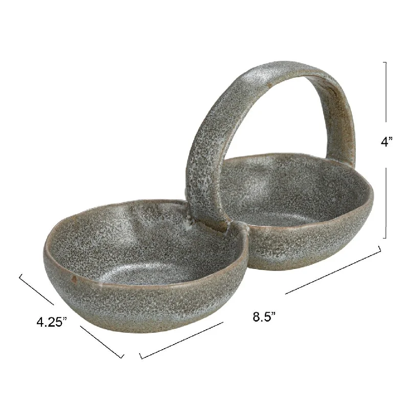 Luxury crystal dishes for dining-Stoneware Double Bowl with Handle - 8.6"L x 4.3"W x 4.1"H - 8.6"L x 4.3"W x 4.1"H